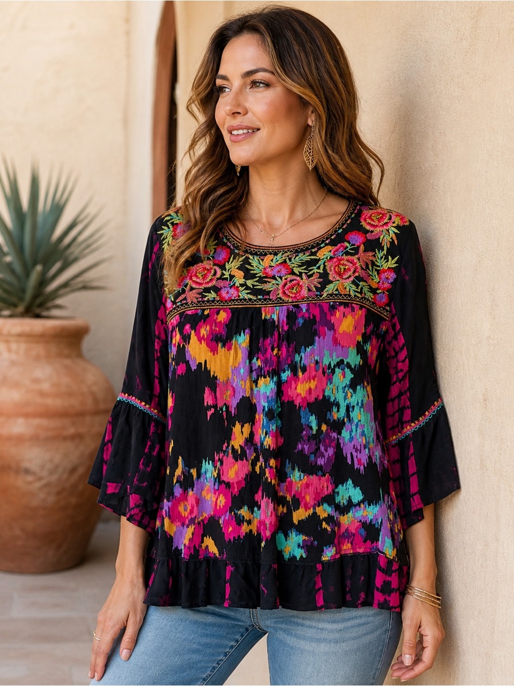 CALESSA Bright embroidered boho Floral Top with bell sleeves and ruffle